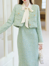 Load image into Gallery viewer, Vintage 1940s Mint Green Tweed Skirt Suit Set Bow Collar &amp; Matching Jacket