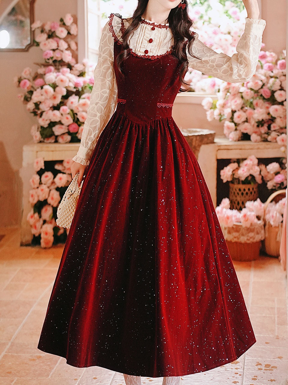 50s Retro Christmas Red Lace with Sequin Velvet Vintage Dress Red / S