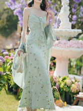 Load image into Gallery viewer, 2PS Green Floral Printed Spaghetti Strap Vintage Dress With Cardigan Suit