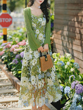 Load image into Gallery viewer, 2PS Green Floral Lace Dress with Green Knit Mesh Cardigan