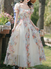 Load image into Gallery viewer, Printed Tulle Puff Sleeve Ruffled Hem Princess Party Dress for Girls Women