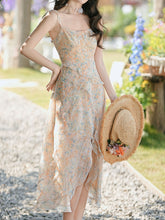 Load image into Gallery viewer, 2PS Apricot Floral Printed Spaghetti Strap High-low Ruffled Hem Vintage Dress With Cardigan Suit