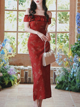 Load image into Gallery viewer, Red Butterfly Print Off Shoulder Bodycon Dress