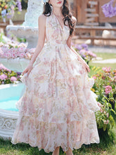Load image into Gallery viewer, Pink Floral Print Halter Neck Backless Vintage Dress