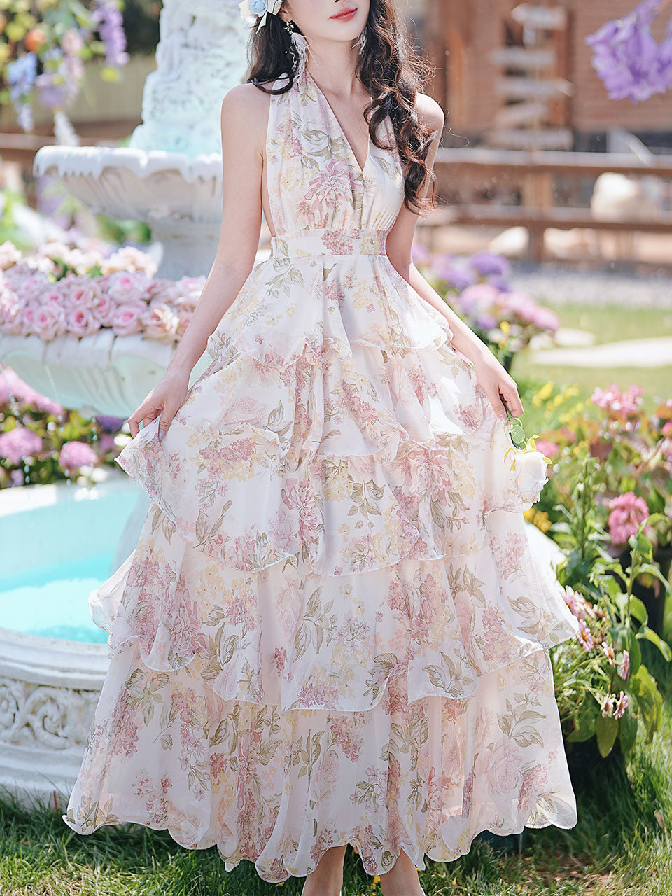 2PS Rose Embroidered Blouse And Red Swing Skirt Dress Set, Pink / XS