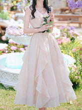 Load image into Gallery viewer, Pink Flowy Ruffle V-Neck Dress with Black Bow Belt