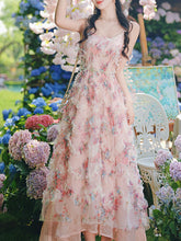 Load image into Gallery viewer, 2PS Pink Ruffles Floral Printed Spaghetti Strap Vintage Dress With Cardigan Suit