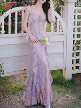 Load image into Gallery viewer, 2PS Purple Ruffles Floral Printed Spaghetti Strap Vintage Dress With Cardigan Suit