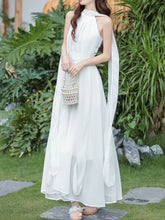Load image into Gallery viewer, Audrey Hepburn style White Halter Neck Muse Maxi Dress with Long Flowing Scarf