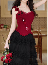 Load image into Gallery viewer, Gothic Red Corset Tiered Tulle Maxi Dress  Rose Asymmetric Ruffle Dark Romantic Party Gown