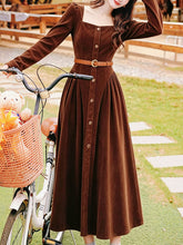 Load image into Gallery viewer, Vintage Brown Velvet Square Neck Puff Sleeve Button-Down Midi Dress