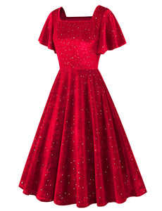 Christmas Green Square Collar Sequins Velvet 1950S Vintage Swing Dress