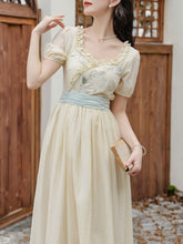 Load image into Gallery viewer, Apricot V Neck Floral Ruffles Princess Puff Sleeve Vintage Dress