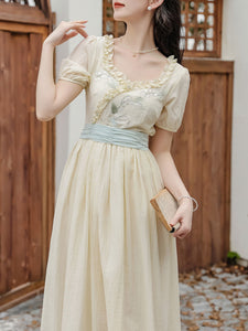 Apricot V Neck Floral Ruffles Princess Puff Sleeve Vintage Dress