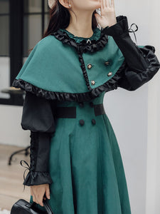 2PS Dark Green Magic Cascade Collar Dress With Cape Inspired By Slytherin House