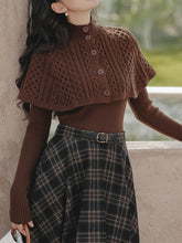 Load image into Gallery viewer, 3PS Brown Bow Knitted Sweater Top Cape With Plaid Skirt Vintage 1950s Suits
