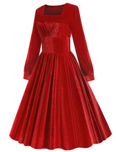 Load image into Gallery viewer, Christmas Green Square Collar Long Sleeve Velvet 1950S Vintage Swing Dress