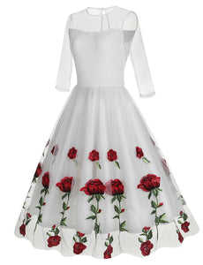 Solid Color Rose Embroidered Crew Neck 1950S Vintage Swing Dress