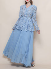 Load image into Gallery viewer, Baby Blue V Neck Long-Sleeve Lace Blouse with Flowy Chiffon Skirt Set