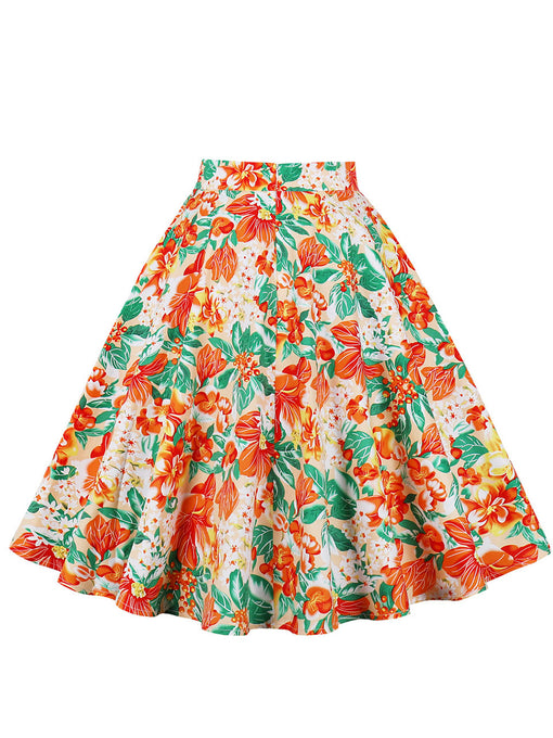 1950S Floral Print High Wasit Pleated Swing Vintage Skirt