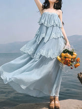 Load image into Gallery viewer, Blue Lace Spaghetti Strap Irregular Tiered Maxi Dress
