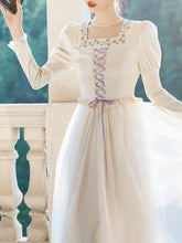 Load image into Gallery viewer, White Square Neck Lavender Embroidered Princess Sleeve Corset Vintage Dress