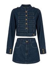 Load image into Gallery viewer, Vintage Military Style Denim Crop Jacket &amp; Mini Skirt Two-Piece Set