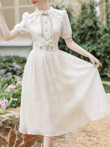 Apricot Embroidered Short Sleeve Vintage Dress with Belt