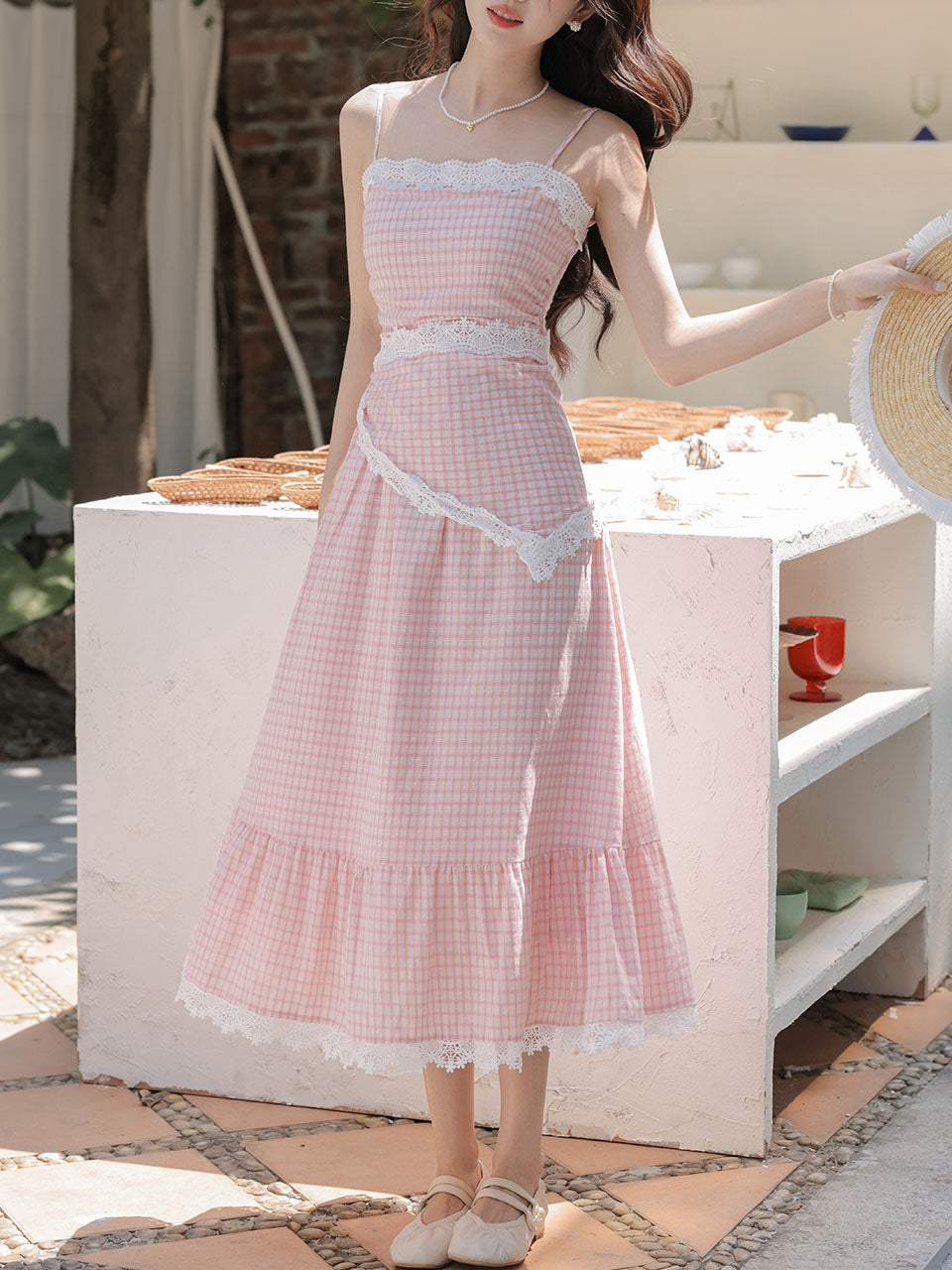Pink Plaid Bow Lace Strap 1950S Vintage Cottagecore Dress, Pink / M