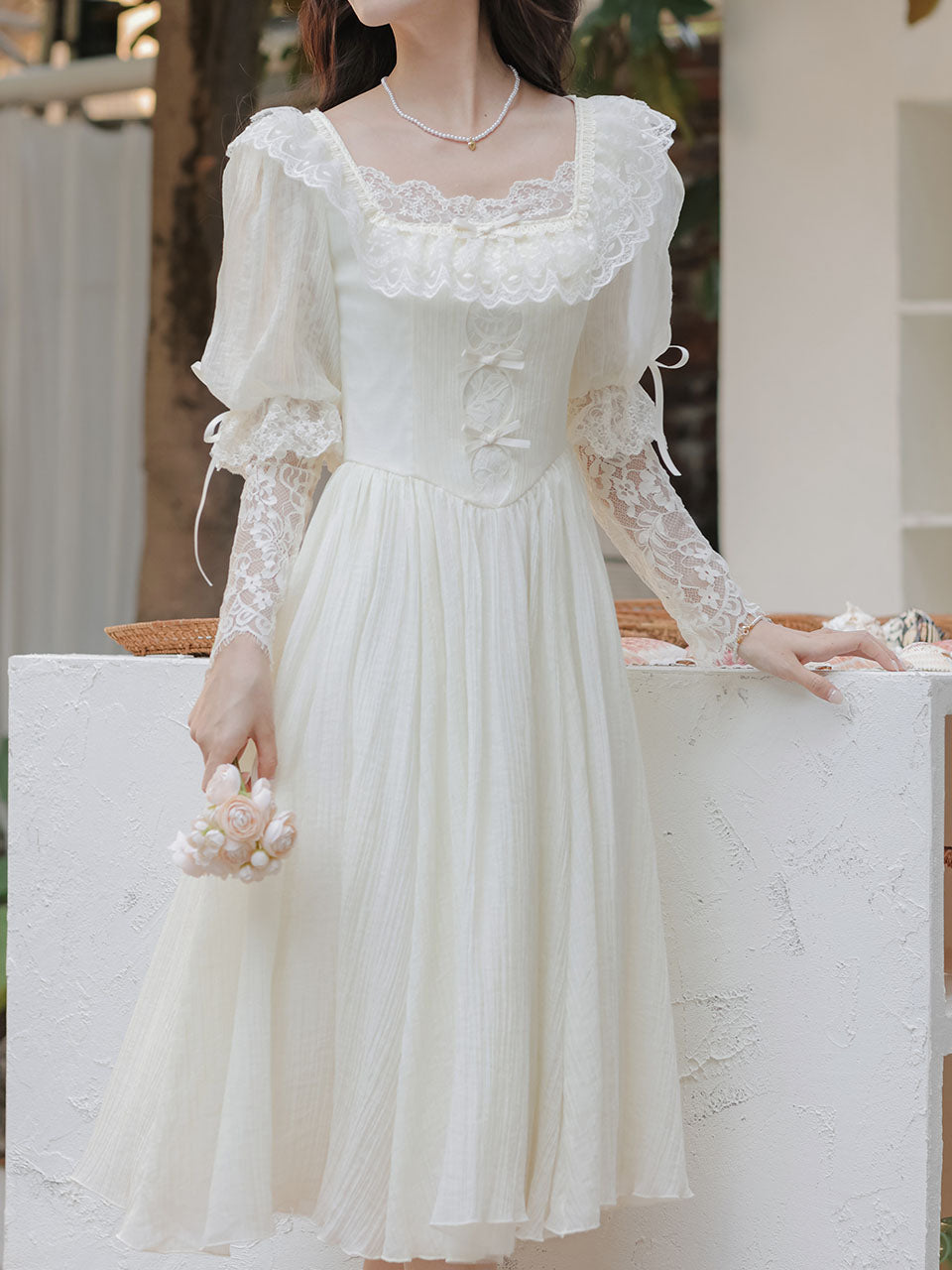 Sweet Victorian Lace Square Collar Corset Short Sleeve Wedding Mini Dress, White / S