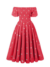 Load image into Gallery viewer, Red Daisy Off The Sleeve Smocking 1950S Vintage Dress