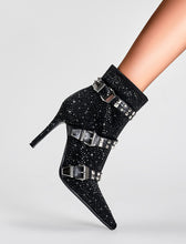 Load image into Gallery viewer, Black High Heel Pointed Toes Luxury Flower Bling Rhinestone Bootie Shoes