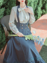 Load image into Gallery viewer, 2PS White Bowknot Shirt And Blue Stripe Swing Strap Dress 1950S Dresss Set
