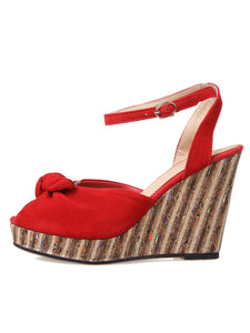 Women's Open Toe Bow Wedge Heel Sandals Leather Vintage Shoes
