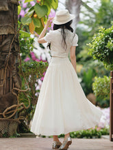 Load image into Gallery viewer, Chic White Hepburn Style Shimmer Co-ord Set - Retro Lace Top &amp; Bodycon Fish Tail Midi Skirt 2-Piece Suit