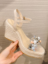 Load image into Gallery viewer, Women&#39;s Open Toe Bow Wedge Heel Rhinestones Sandals Leather Vintage Shoes