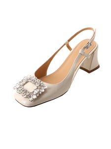 Women's  Round Toe Rhinestones Chunky Heel Sandals Leather Vintage Shoes