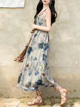 Load image into Gallery viewer, 2PS Blue Spaghetti Strap Tropical Pattern Holiday  Dress With White Long Sleeve Cardigan