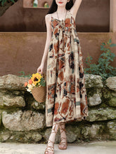Load image into Gallery viewer, 2PS Brown Spaghetti Strap Tropical Pattern Holiday  Dress With White Long Sleeve Cardigan
