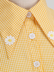 Yellow And White Plaid Daisy Claasic Collar 1950S Dress With Belt Set
