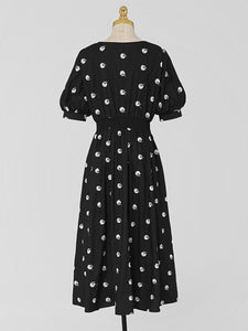 Black V Neck Balloon Sleeve Embroidered 1950S Vintage Dress