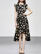 Load image into Gallery viewer, Black Floral Print Short Front Long Back Design Butterfly Sleeve 1940S Vintage Dress