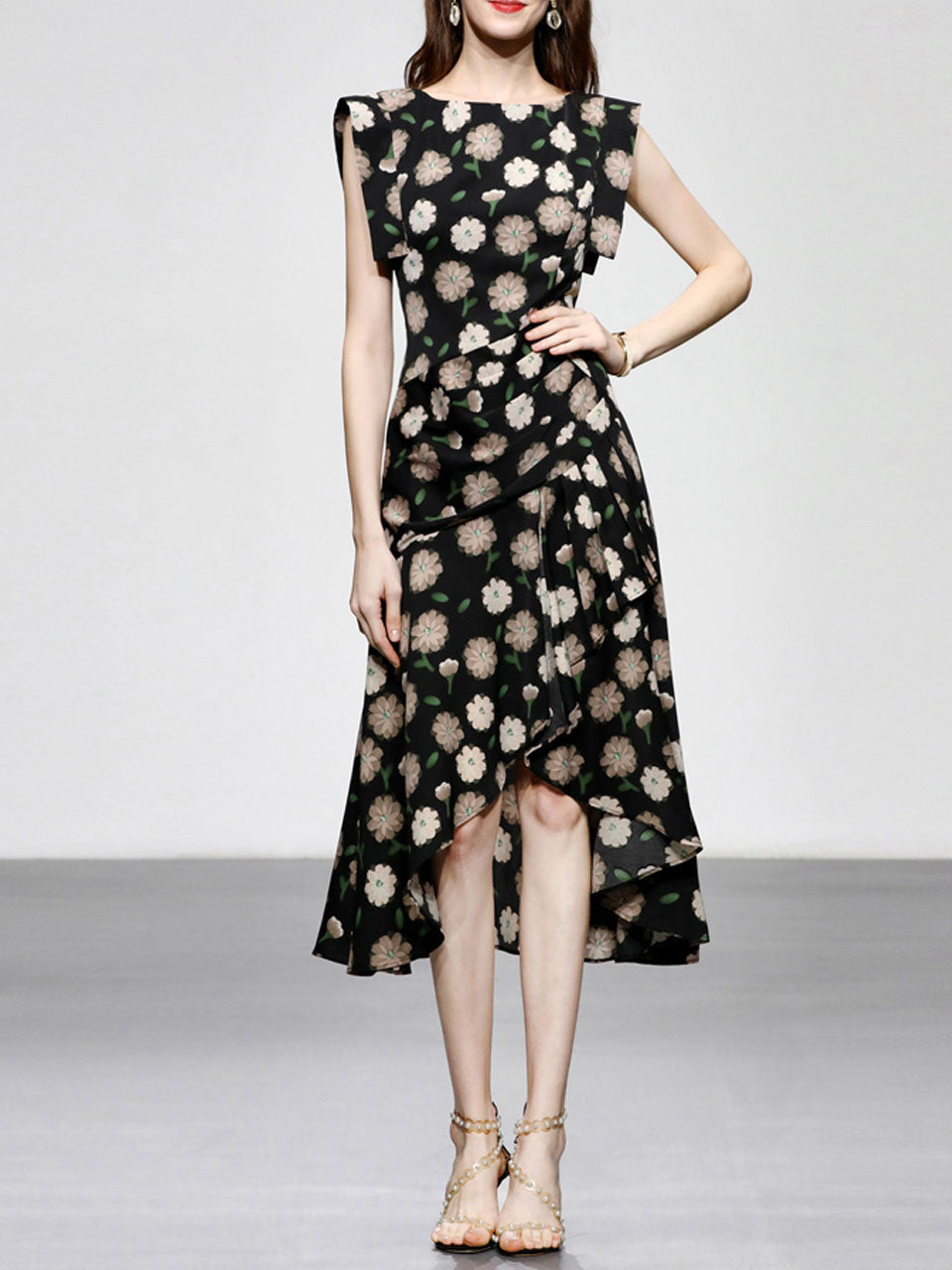 Black Floral Print Short Front Long Back Design Butterfly Sleeve 1940S Vintage Dress, Black / S Black Floral Print Short Front Long Back Design Butterfly Sleeve 1940S Vintage Dress, Black / S