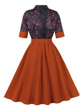 Load image into Gallery viewer, 1950s Brown Floral Print Plaid 3/4 Sleeve Vintage Swing Dress With Pocket