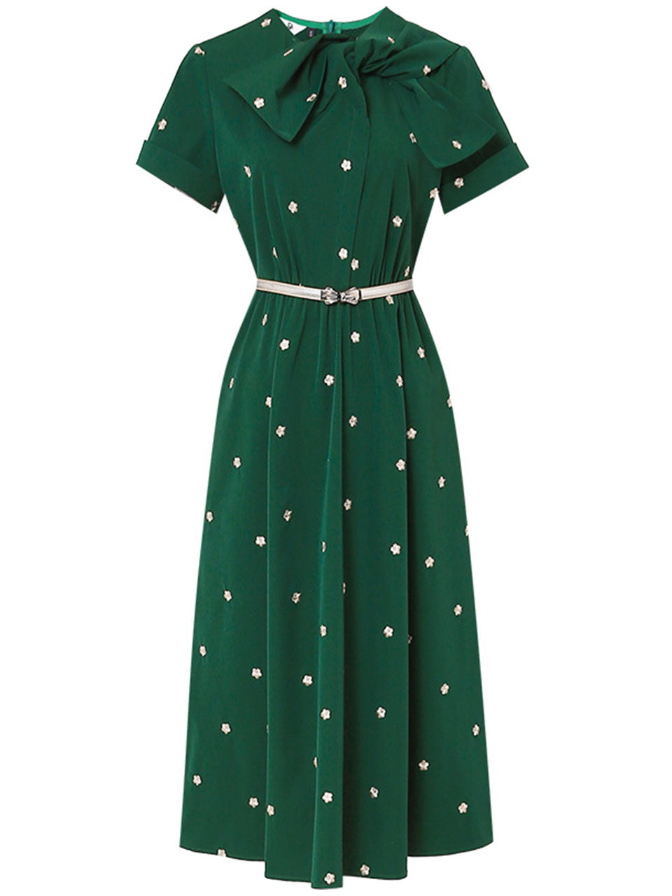 Dark Green Bow Collar Embroidered Flower 1950S Vintage Dress