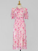 Load image into Gallery viewer, Pink Floral Print Ruffles 1950S Chiffon Vintage Dress