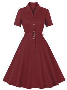 1950S Turndown Collar Solid Color Short Sleeve Vintage Dress