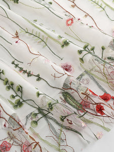 Wine Red Semi Mesh Flower Embroidered Short Sleeve 50S Swing Dress