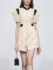 Apricot Jacquard Fabric Short Sleeve High Waist Jumpsuit
