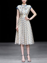 Load image into Gallery viewer, Blue Polka Dots Bow Collar 1950S Vintage Dress With Cap Sleeve